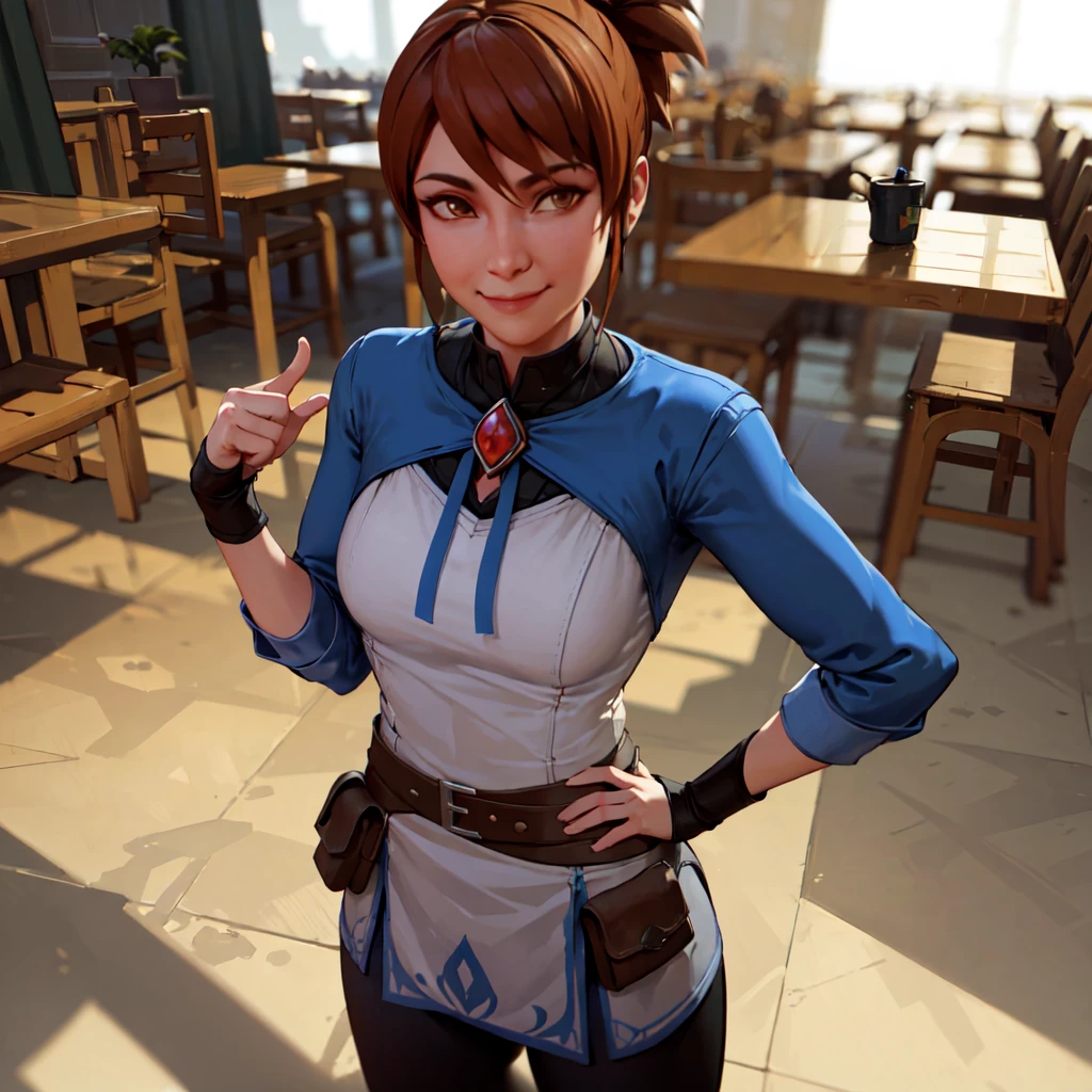 marci dota2, absurdres, high quality, best quality,  1girl, black pants, medium breasts, solo, boots, standing, smile,hand on hip, brown eyes, looking at viewer, long sleeves,  ingame model style