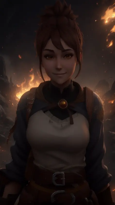 best quality ,beautiful,gorgeous , highly detailed , unreal engine , octane render   , smile , detailed face,brown eyes,, ray traced reflections, mature  , 8k high res  , extremely detailed eyes  , masterpiece, (mj:0.2) ,  <lora:marci:0.7>,marci dota2,brown hair,brown belt,yellow glowing eyes,anime screencap, anime coloring ,closed mouth,,small boobs,portrait