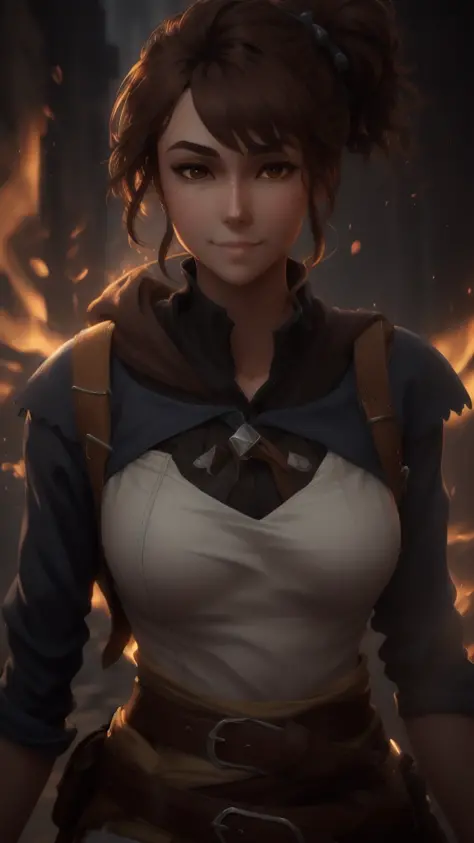 best quality ,beautiful,gorgeous , highly detailed , unreal engine , octane render   , smile , detailed face,brown eyes,, ray traced reflections, mature  , 8k high res  , extremely detailed eyes  , masterpiece, (mj:0.2) ,  <lora:marci:0.7>,marci dota2,brown hair,brown belt,yellow glowing eyes,anime screencap, anime coloring ,closed mouth,,small boobs,portrait,sharp focus,model photoshoot