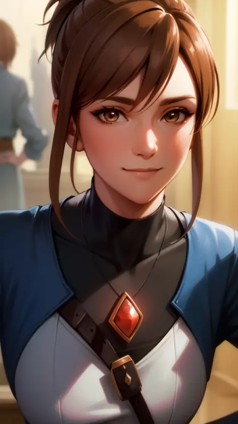 best quality ,beautiful,gorgeous , highly detailed , unreal engine , octane render   ,  , detailed face,yellowish brown eyes,cute smile with closed mouth , ray traced reflections, mature  , 8k high res  , extremely detailed eyes  , masterpiece ,  ,<lora:marci:0.8>,marci dota2,brown hair,brown belt,anime style,red gemstone