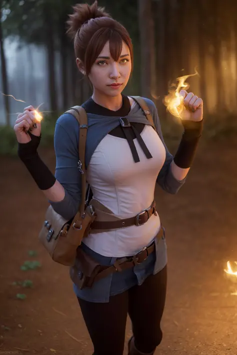 <lora:marciDota2LoraWIP_marciV01:0.8> marci dota2,yellow eyes, glowing eyes, glowing hands, eye trail, absurdres, high quality, best quality,  1girl, black pants, medium breasts, solo, boots, standing, brown eyes, looking at viewer, long sleeves, brown backpack