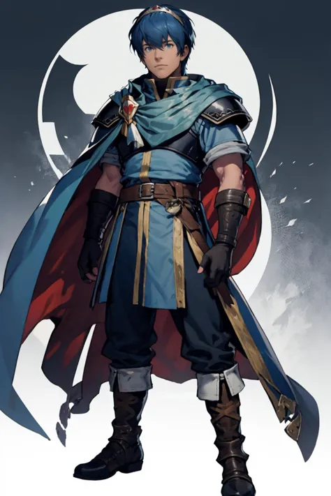 best quality, Mature male, looking over one shoulder, <lora:marth-nvwls-v1-final:.9> marth, tiara, cape, armor, blue tunic, fingerless gloves, belt, pants, boots