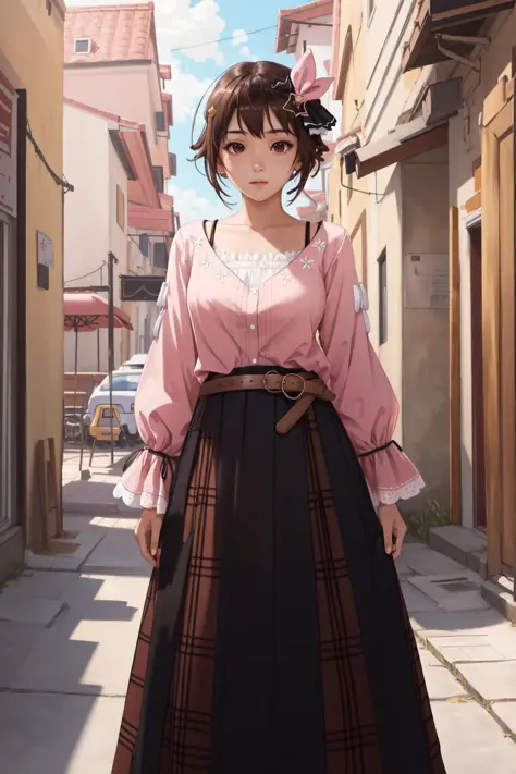 (masterpiece, best quality),  intricate details, 8k, artstation, wallpaper, official art, splash art, sharp focus,
1girl,  <lora:tokino_sora_v20a:0.8>ts2, brown eyes, pink shirt, long skirt, belt, long sleeves, breasts