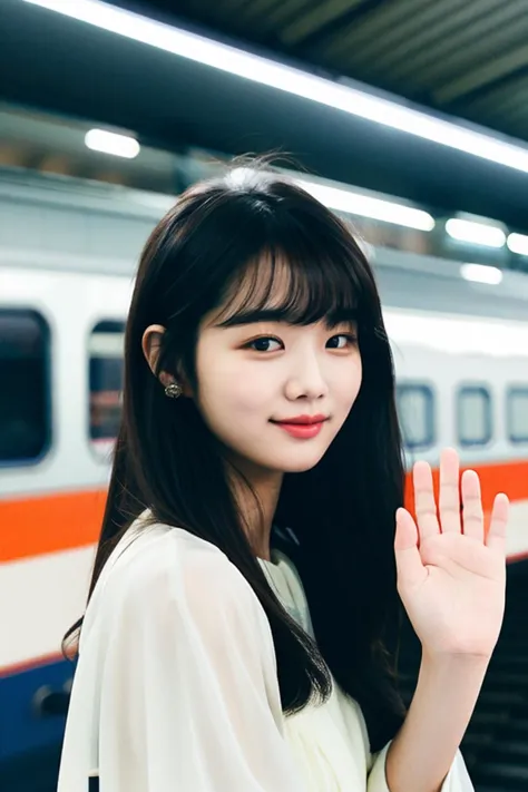 a close up of a woman holding her hand up in front of a train