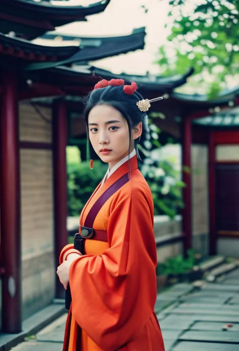 a woman in a red kimono is standing in front of a building