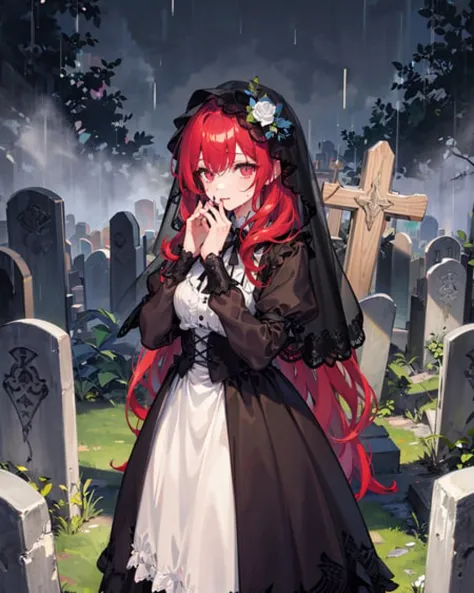 masterpiece,1girl, black_dress,black_veil,veil over eyes, widow,red_hair,graveyard, rain,wet,standing