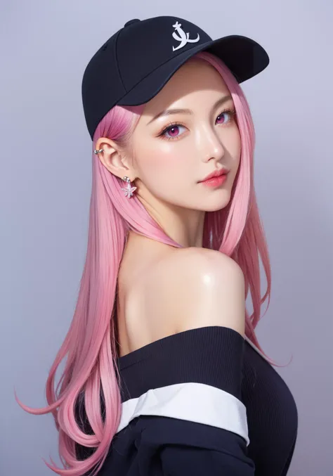 1girl, solo, long hair, looking at viewer, red eyes, hat, hair between eyes, closed mouth, jewelry, bare shoulders, upper body, pink hair, earrings, pink eyes, off shoulder, from side, lips, ear piercing, baseball cap, hair behind ear, black sweater, general,score_9,score_8_up,score_7_up, realistic, photorealistic