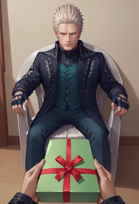 a man sitting on a chair holding a present in front of him