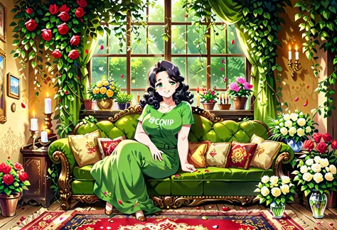 a woman sitting on a couch in a room with flowers