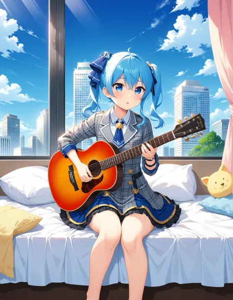 anime girl with blue hair playing guitar on bed in bedroom