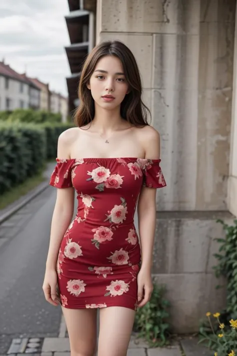 1woman, cute, beautiful, realistic, scenic view from Europe, full body shot
<lora:Floral_Print_offshoulder_Dress_By_Stable_Yogi:...