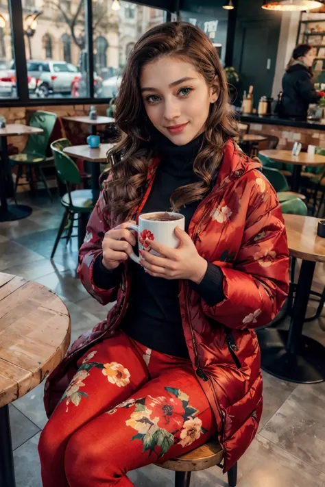 grüne Augen, braune Haare, Tragen (rote Blumenmuster-Oversize-Pufferjacke), schwarze Leggings, Rollkragen, Betrachter betrachten, lächelnd, erröten, Sitzung, hinter einem Tisch, in einem Café, hält eine Tasse heiße Schokolade, sanfte Beleuchtung, gute Qualität, Meisterwerk,   