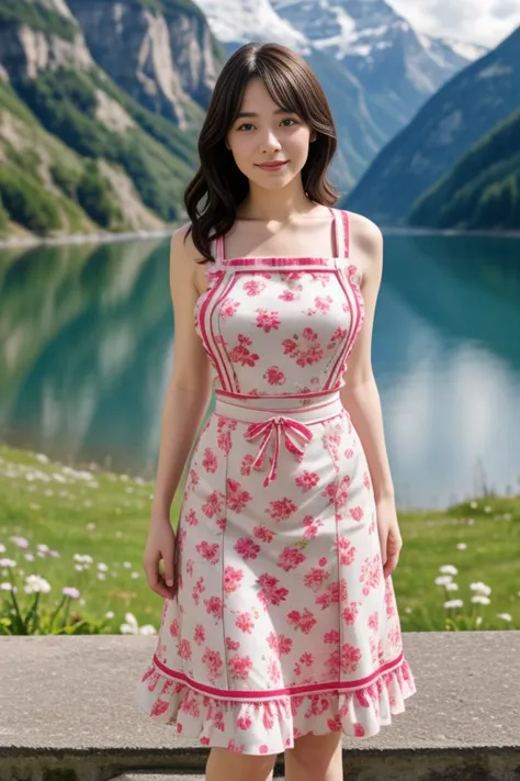 a woman in a dress standing on a stone ledge near a lake