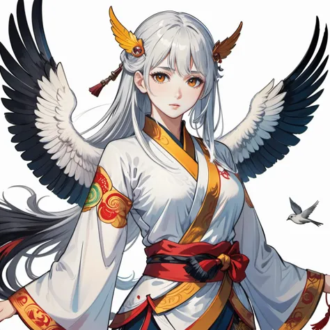 dark skinned, feathered winged, female, white hair, martial arts style clothing, full body, 1girl, long hair, bird, solo, white hair, looking at viewer, white eyes, letterboxed, bracelet, white background, grey eyes, simple background, dark-skinned female, dark skin, blush, bangs, closed mouth, sash, arm up, short sleeves, hair between eyes, very long hair, japanese clothes, dove, arm behind head, ahoge, breasts, hand in own hair, jewelry, kimono, white dress, cowboy shot, white kimono, original, masterpiece, illustration, extremely fine and beautiful, perfect detailed, photorealistic