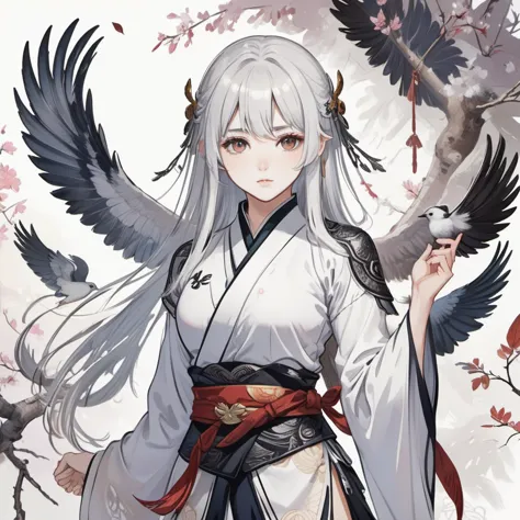 dark skinned, feathered winged, female, white hair, martial arts style clothing, full body, 1girl, long hair, bird, solo, white hair, looking at viewer, white eyes, letterboxed, bracelet, white background, grey eyes, simple background, dark-skinned female, dark skin, blush, bangs, closed mouth, sash, arm up, short sleeves, hair between eyes, very long hair, japanese clothes, dove, arm behind head, ahoge, breasts, hand in own hair, jewelry, kimono, white dress, cowboy shot, white kimono, original, masterpiece, illustration, extremely fine and beautiful, perfect detailed, photorealistic