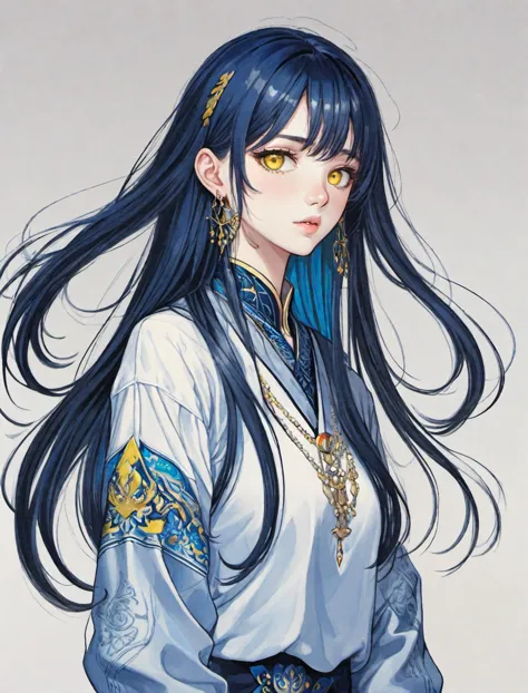 Good-looking young man with long hair, blue hair, yellow eyes, long front hair, solo, blue hair, long hair, 1girl, looking at viewer, simple background, piercing, jewelry, ear piercing, long sleeves, bangs, earrings, upper body, black nails, original, masterpiece, illustration, extremely fine and beautiful, perfect detailed, photorealistic