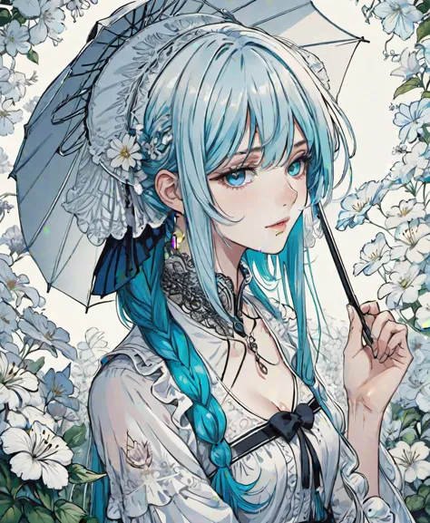 lineart, Ciel Phantomhive, Black Butler, a beautiful teenage boy, boy, hyper detailed, pixiv, beautiful art, high quality illustration, , hatsune miku, solo, twintails, flower, long hair, 1girl, jewelry, umbrella, hair flower, earrings, holding, hair ornament, looking at viewer, frills, white flower, holding umbrella, aqua hair, dress, blue hair, aqua eyes, hair between eyes, long sleeves, blue eyes, original, masterpiece, illustration, extremely fine and beautiful, perfect detailed, photorealistic