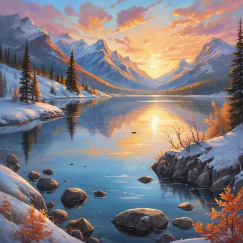 The sun is setting in the sky,casting a warm glow over the lake and mountains. Trees stand tall on either side of the riverbank,...