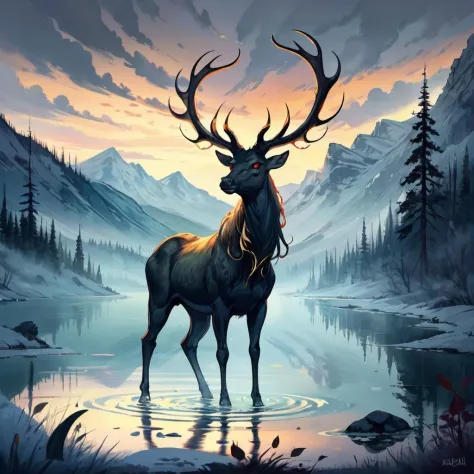 fantasy. a stag-like creature created of darkness, its horns are golden with eyes that glow red. It is as tall as a horse and th...