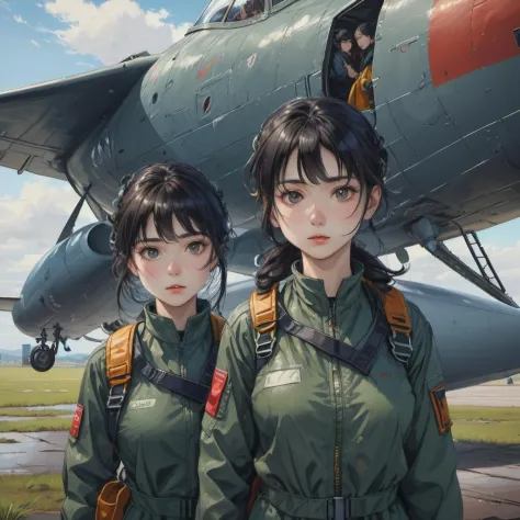 Two female mechanics wearing glasses who maintain a fighter jet soaked in the rain carry a ricksack on their backs, multiple girls, airplane, aircraft, 2girls, military, black hair, closed eyes, vehicle focus, original, masterpiece, illustration, extremely fine and beautiful, perfect detailed, photorealistic