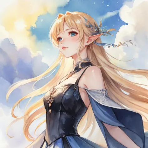 1girl,watercolor,Long blonde hair and black dress,Princess,elf,blue sky and white clouds,Outdoor,The warm sunshine, watercolor style,original, masterpiece, illustration, extremely fine and beautiful, perfect detailed, photorealistic