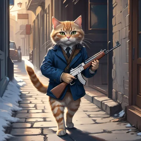 a cat bankrobber is holding an ak47 storming towards the viewer, detailed, realistic, 8k uhd, high quality, original, masterpiec...