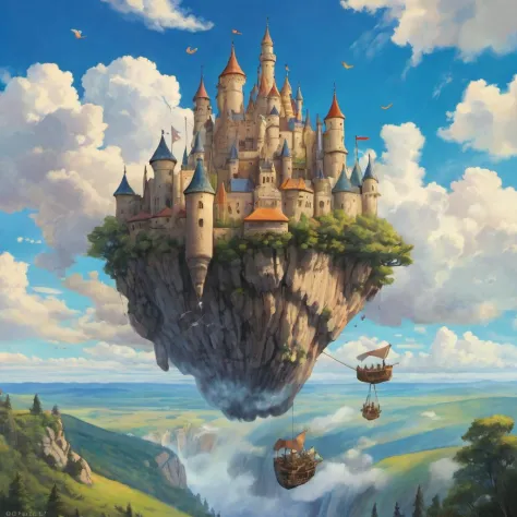 Fantastic flying castle, Ghibli style, scenery, outdoors, fantasy, clothesline, cloud, sky, day, floating island, original, mast...