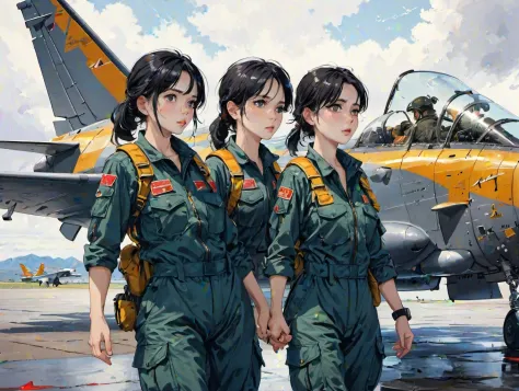 Two female mechanics wearing glasses who maintain a fighter jet soaked in the rain carry a ricksack on their backs, multiple gir...