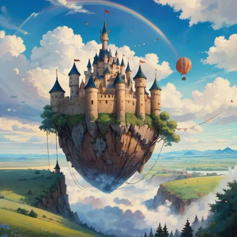 Fantastic flying castle, Ghibli style, scenery, outdoors, fantasy, clothesline, cloud, sky, day, floating island, original, masterpiece, illustration, extremely fine and beautiful, perfect detailed, photorealistic