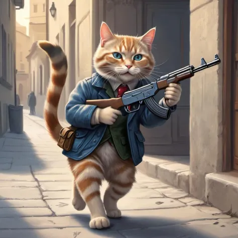 a cat bankrobber is holding an ak47 storming towards the viewer, detailed, realistic, 8k uhd, high quality, original, masterpiec...