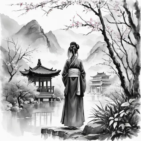 Monochrome Chinese painting，Ink style, Chinese ink painting,original, masterpiece, illustration, extremely fine and beautiful, p...