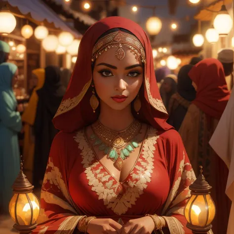 Hyperrealistic rendering, Moroccan woman, close up, displaying her body in a ((risqu, open-sided caftan, transparent)) Marrakech's lively souk lights cast a sultry glow on her intricate henna-adorned hands and enticing figure. DSLR aesthetic, 8K UHD, sensuous in twilight