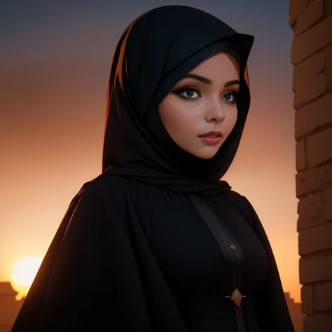 Digital portrait, Saudi Arabian woman, sporting a daringly transparent Abaya that embraces her slender waist and  bust, her breasts subtly visible. The glow of Riyadh's sunset enhances her seductive charm. Sharp focus, 8K UHD, a tantalizing sight in the golden light