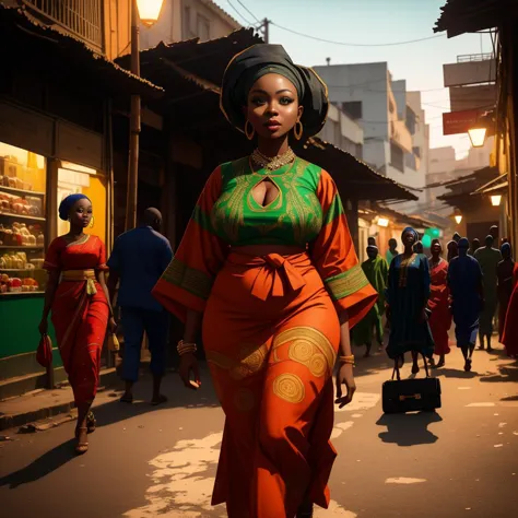 Digital masterpiece, Nigerian woman, dressed in completely see through traditional attire that glorifies her firm bust and curva...