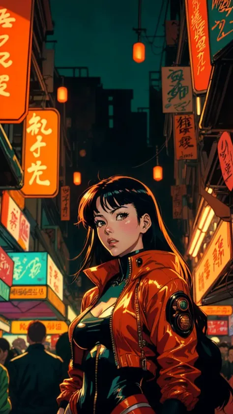 Vintage 90's anime style environmental wide shot of a chaotic crowded underground market at night; a woman wearing an orange jac...