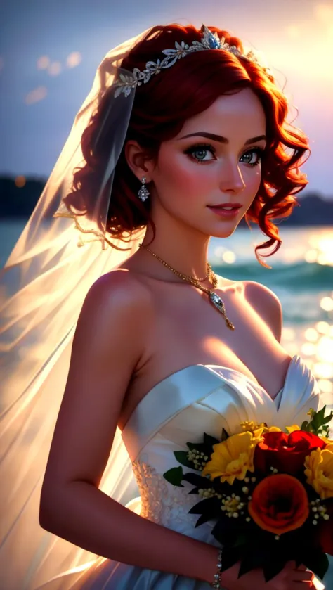 close up, a stunning professional photograph of a young exquisite expensive beautiful bride, standing on a pier in the harbor, the bride wore a strapless bridal dress, veil, bouquet, fiery red curly hair, wedding ring, diamond jewelry, smile512, looking away, natural light, seascape background, DSLR, bridal Photography, shine512 photo512 bokeh