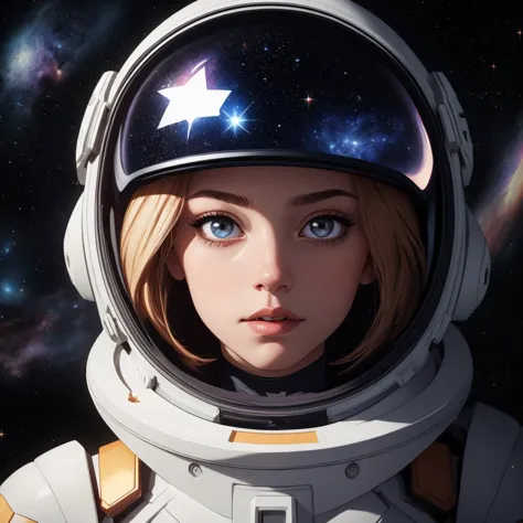 놀라운 우주복을 입은 소녀의 초상화.  그녀는 눈에 놀라운 반짝임을 보여주고 얼굴 특징에 강인함을 보여줍니다., 별과 은하로 가득한 배경. 그녀의 헬멧은 주변 우주의 경이로움을 반영합니다.