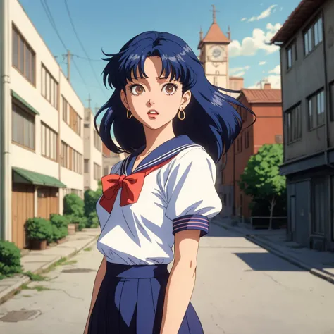 90's anime vintage anime screenshot joyful school girl Sailor Moon stay in front of post soviet city landscape on the background...