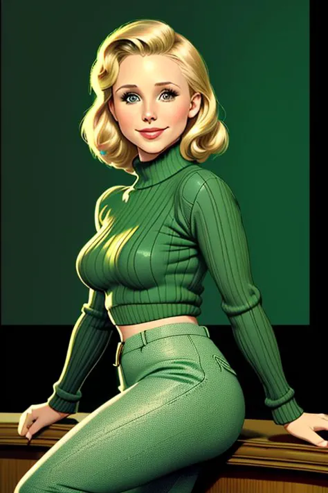 Photo of kristen bell wearing pants and a sweater,  pinup512, extremely detailed clothing