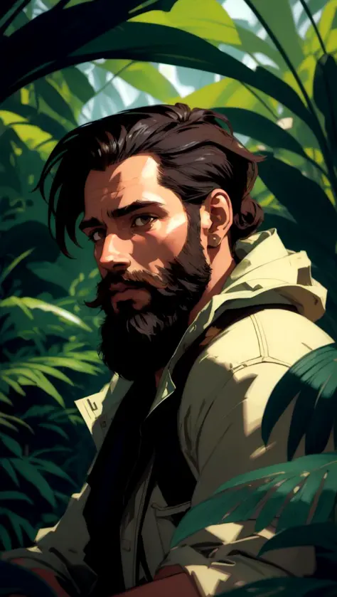 Masterpiece, award winning portrait of a bearded hipster explorer in a Jungle by Syd Mead, cold color palette, muted colors, det...