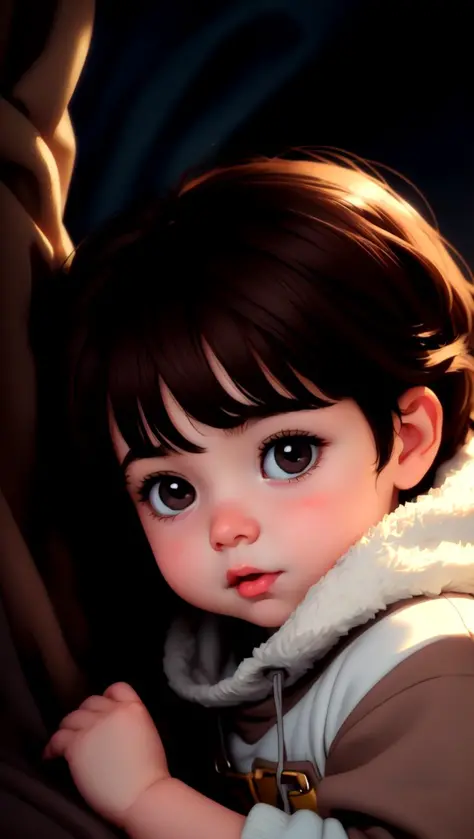 Cute and adorable cartoon baby boy in a jumper, dark hair, brown eyes, fantasy, dreamlike, super cute