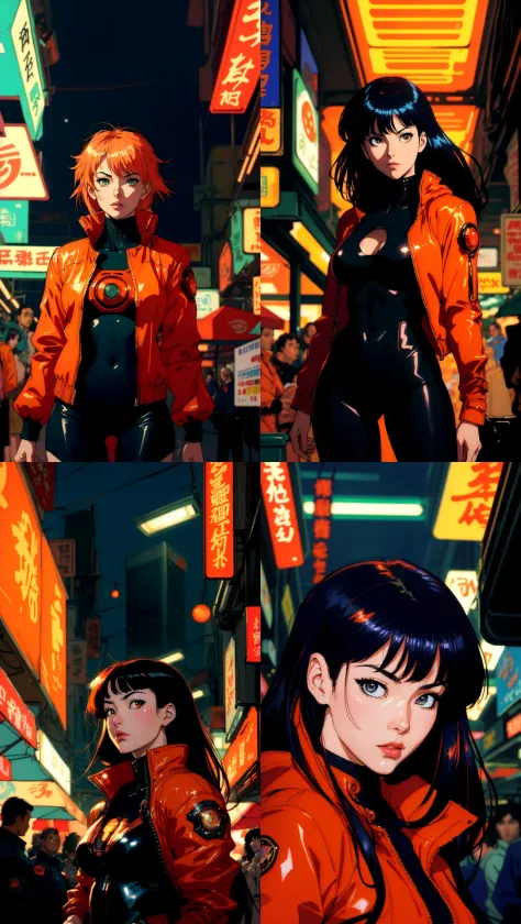 Vintage 90's anime style environmental wide shot of a chaotic crowded underground market at night; a woman wearing an orange jac...