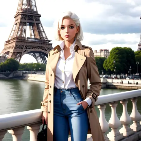 A 25-year-old blonde woman wearing an open brown trench coat, a white blouse, blue jean pants, white hair, posing under the (Eif...