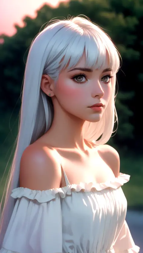 1 lady, solo, realistic face, sunset, beautiful, off shoulder dress, (silver white hair) long straight hair shy, looking away, blush, bangs, head tilt, high contrast, sharp, best shadow, photo, masterpiece, best quality, ultra high res, (photorealistic:1.4),, high resolution, detailed, raw photo kodak portra 400 camera f1.6 lens rich colors dramatic lighting   