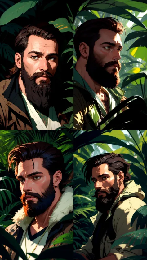 Masterpiece, award winning portrait of a bearded hipster explorer in a Jungle by Syd Mead, cold color palette, muted colors, det...