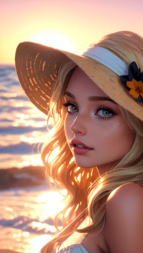 a portrait of a beautiful woman, bikini, (light freckles, beauty spots:1.2), she has long (dirty blonde:1.2) wavy hair, she is wearing a beige sunhat background of the ocean, sunset, sun-kissed, sunflare shine512