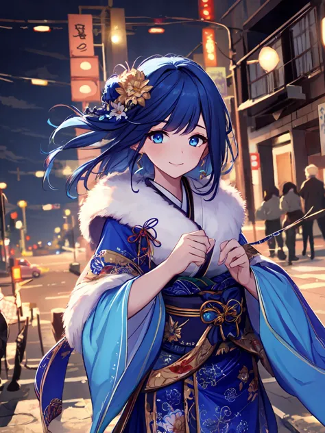 anime girl in blue dress with blue hair and a white fur collar