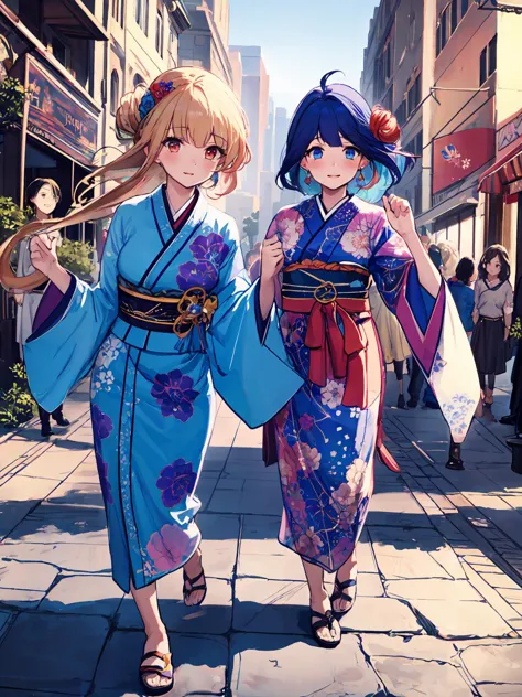 two women in kimono walking down a city street holding umbrellas