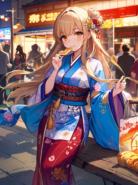 masterpiece,best quality,highres,cinematic lighting,dramatic angle,1girl,<lora:ShadowverseHomunculusSistersV1:0.8> ,carnelia,blonde hair,very long hair,hair ornament,japanese clothes,tabi,obi,sash,sandals,streetscape,happy,eating snack,yellow eyes,crowd,depth of field,shops