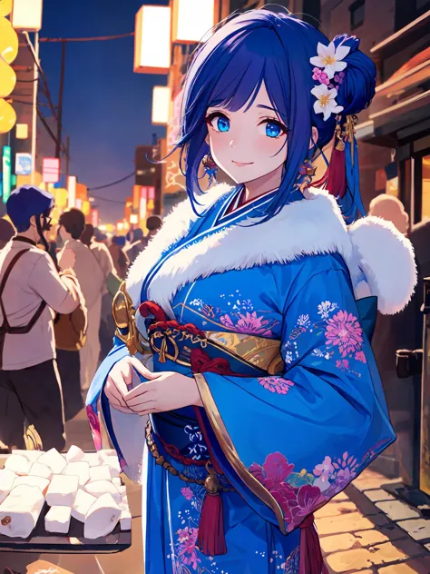 anime girl in blue kimono outfit standing on street corner